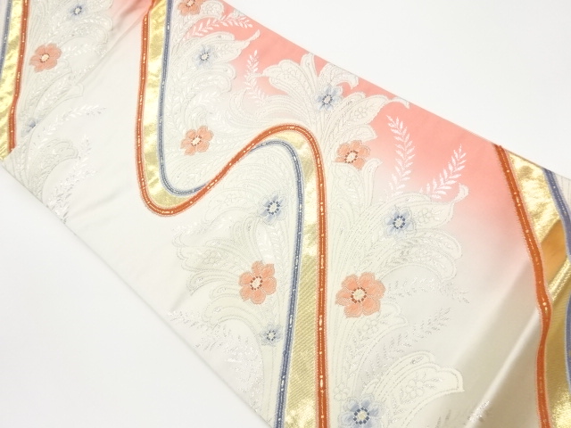 JAPANESE KIMONO / VINTAGE FUKURO OBI / WOVEN WAVY STRIPE & FLORAL PLANTS